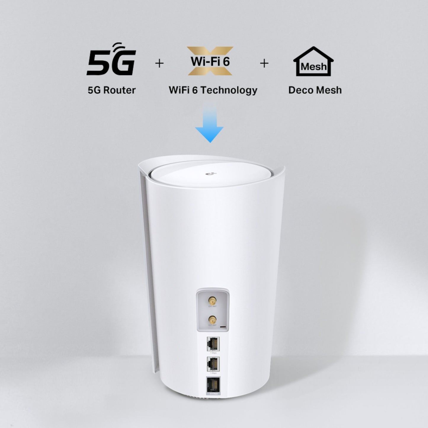 TP-Link Deco X50 5G router, hvid cylinder, 3000 Mb/s, bagporte, ikoner: 5G Router, Wi-Fi 6 Technology, Deco Mesh.