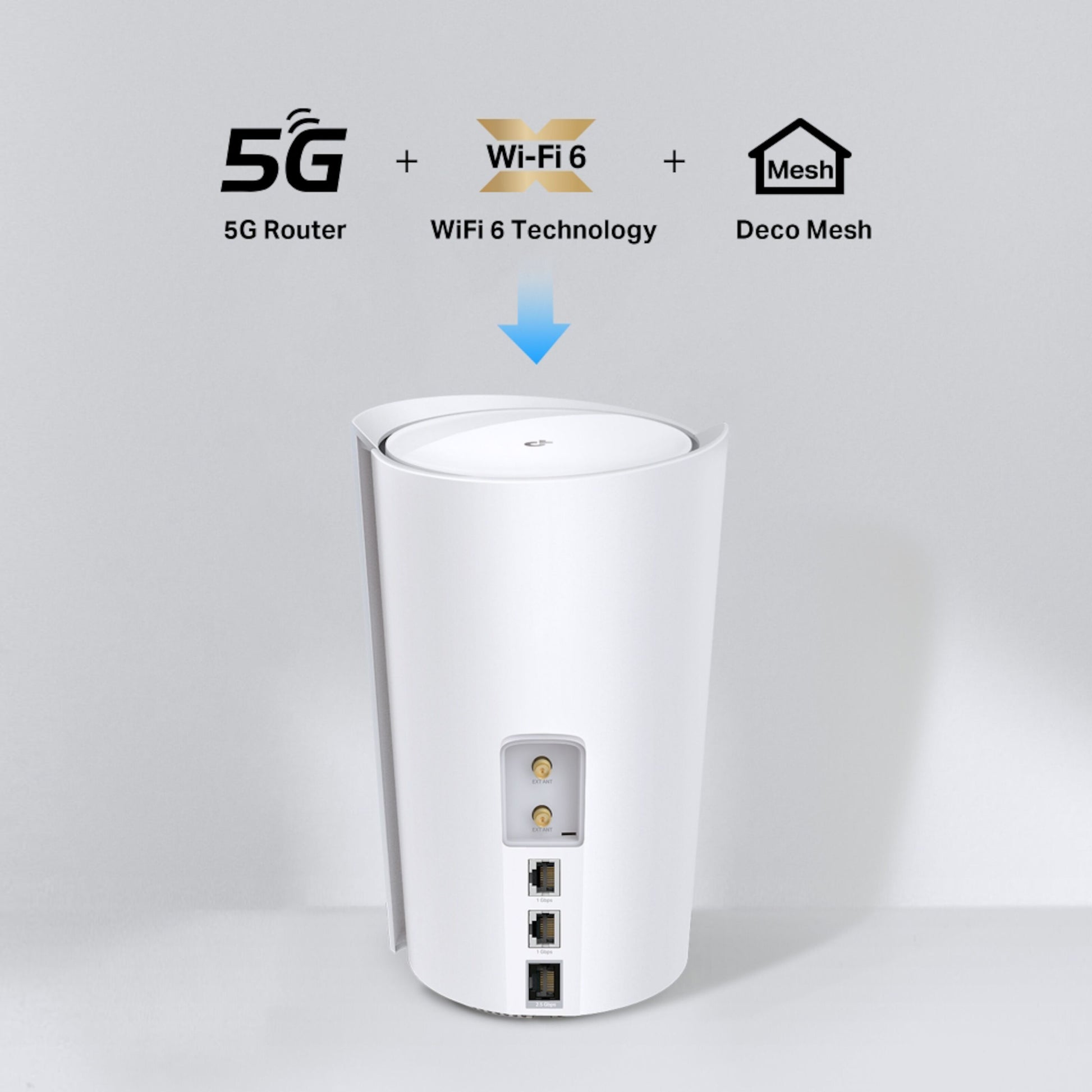 TP-Link Deco X50 5G router, hvid cylinder, 3000 Mb/s, bagporte, ikoner: 5G Router, Wi-Fi 6 Technology, Deco Mesh.