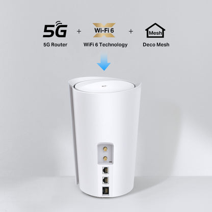 TP-Link Deco X50 5G router, hvid cylinder, 3000 Mb/s, bagporte, ikoner: 5G Router, Wi-Fi 6 Technology, Deco Mesh.