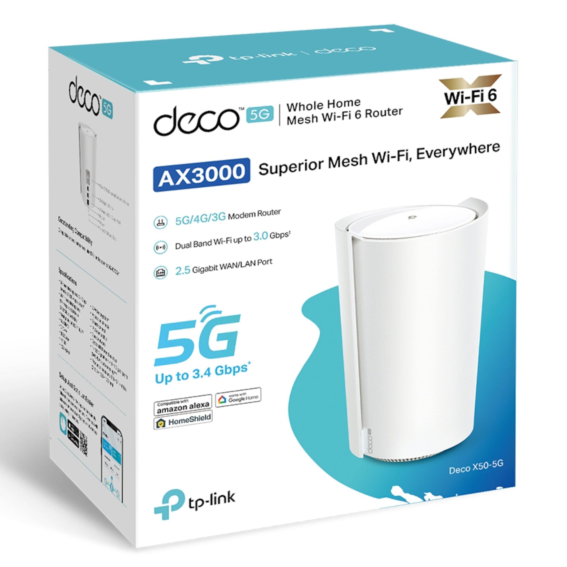 TP-Link Deco X50 5G-router Wi-Fi 6 mesh AX3000, 2,5 Gigabit-port, æske fremhæver op til 3,4 Gbps.