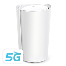 Tp-Link Deco X50 5G-router, hvid cylinder med top LED, 5G ikon, Wifi 6, mesh, op til 3000 Mb/s.
