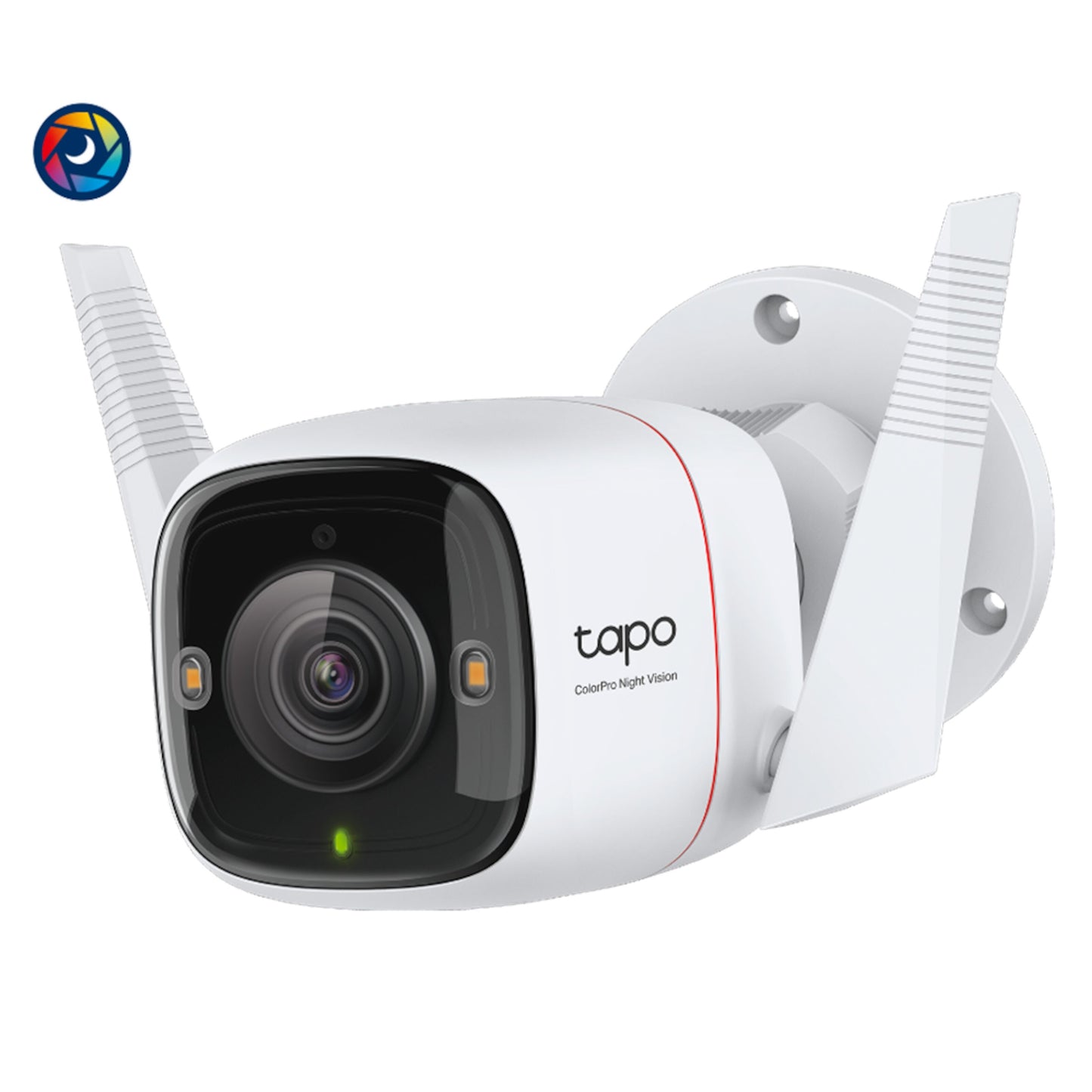 TP-Link Tapo C325WB trådløst overvågningskamera 2K QHD, to antenner, sort linse, ColorPro Night Vision, hvidt vægbeslag.