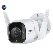 TP-Link Tapo C325WB trådløst overvågningskamera 2K QHD, to antenner, sort linse, ColorPro Night Vision, hvidt vægbeslag.