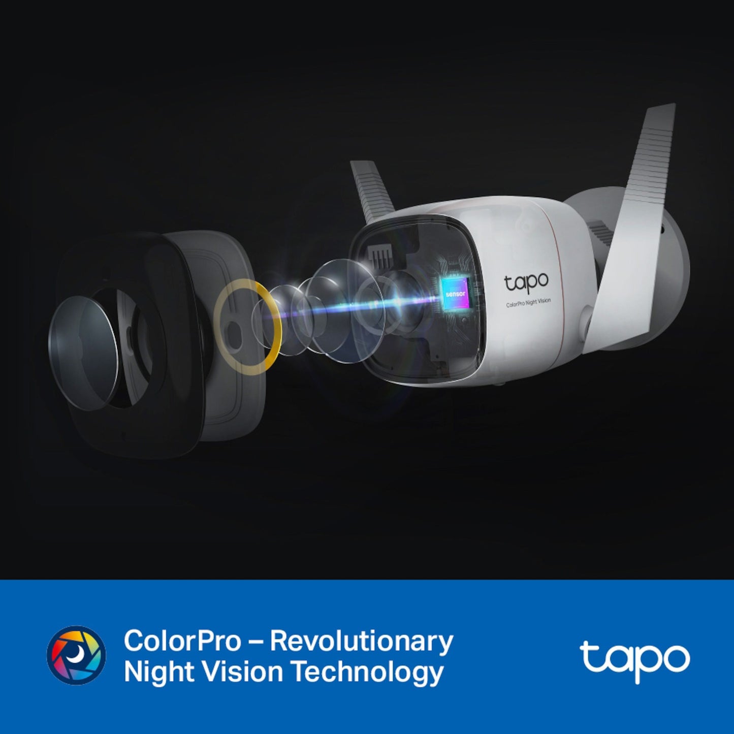 TP-Link Tapo C325WB trådløst overvågningskamera, indre linsekomponenter, ColorPro Night Vision, 2K QHD, TP-Link logo.