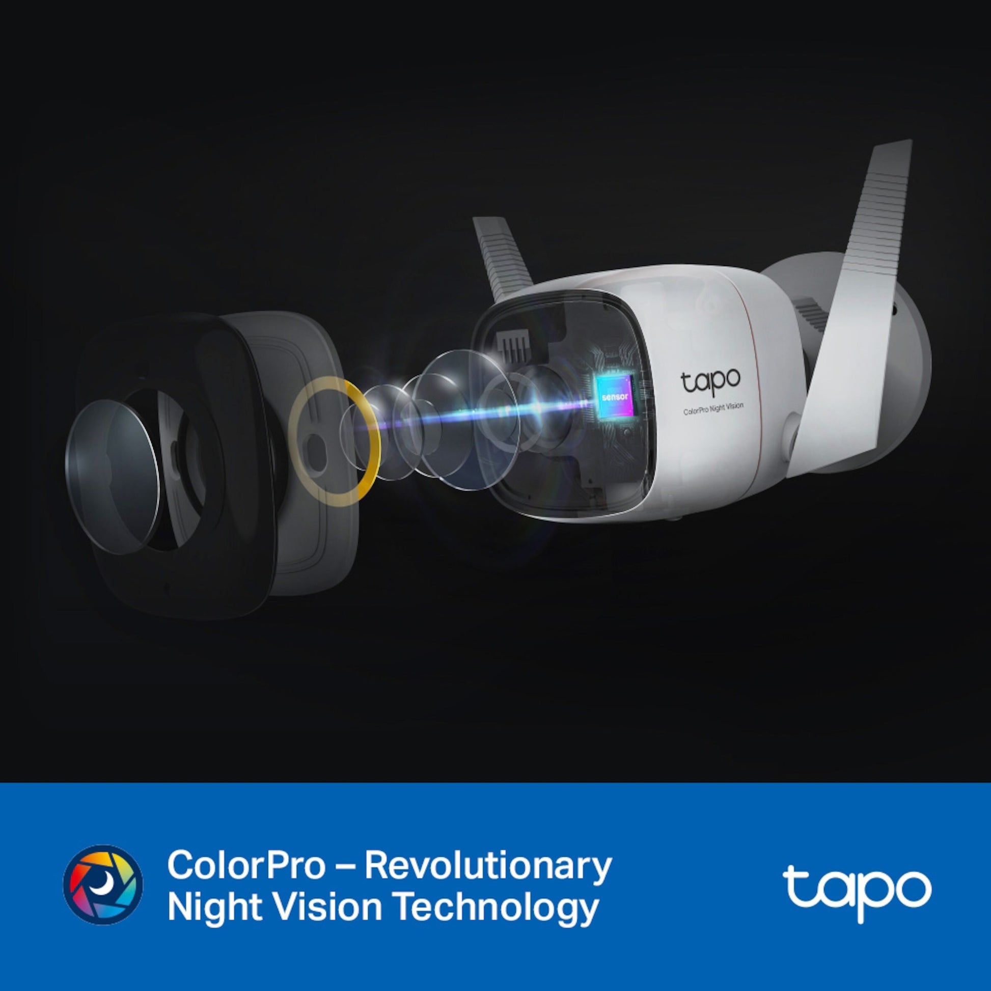 TP-Link Tapo C325WB trådløst overvågningskamera, indre linsekomponenter, ColorPro Night Vision, 2K QHD, TP-Link logo.