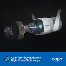 TP-Link Tapo C325WB trådløst overvågningskamera, indre linsekomponenter, ColorPro Night Vision, 2K QHD, TP-Link logo.