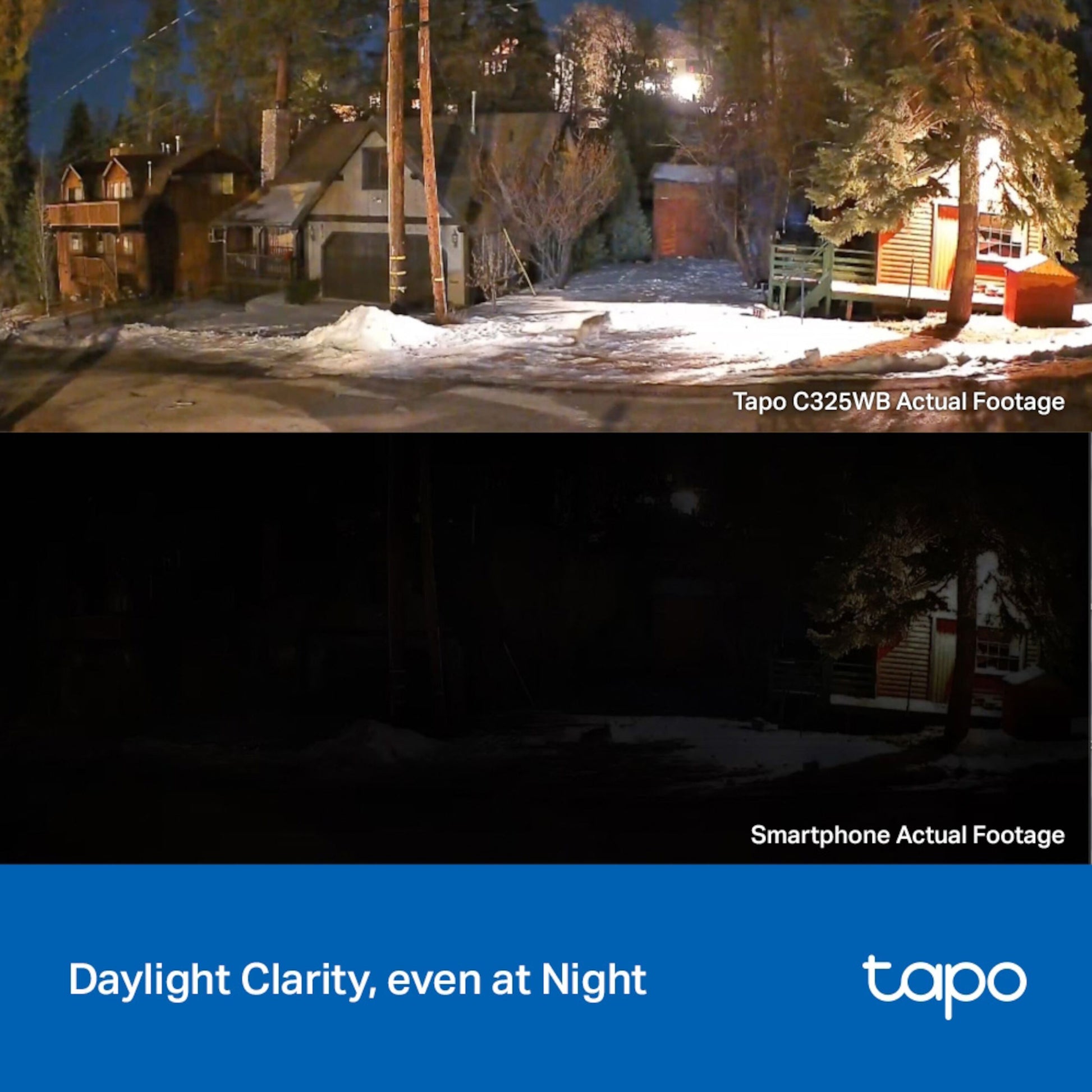 Tapo C325WB trådløst overvågningskamera ColorPro Night Vision 2K QHD natbillede sammenlignet med mørkt smartphone-foto.