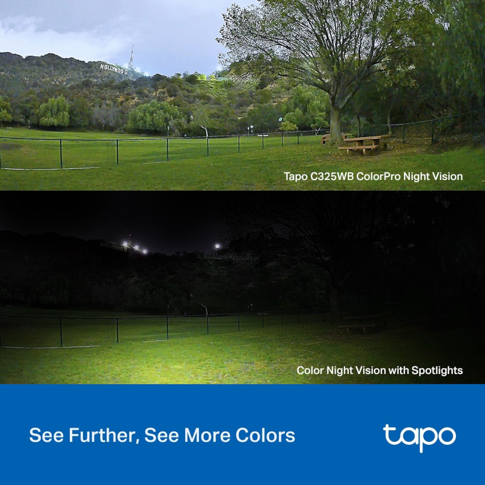 TP-Link Tapo C325WB 2K QHD ColorPro Night Vision vs traditionelt nattesyn, tekst: Se længere, se flere farver - tapo.