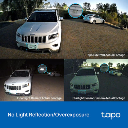 TP-Link Tapo C325WB trådløst kamera 2K QHD ColorPro Night Vision, udendørs, natbillede til biler, synlig nummerplade.