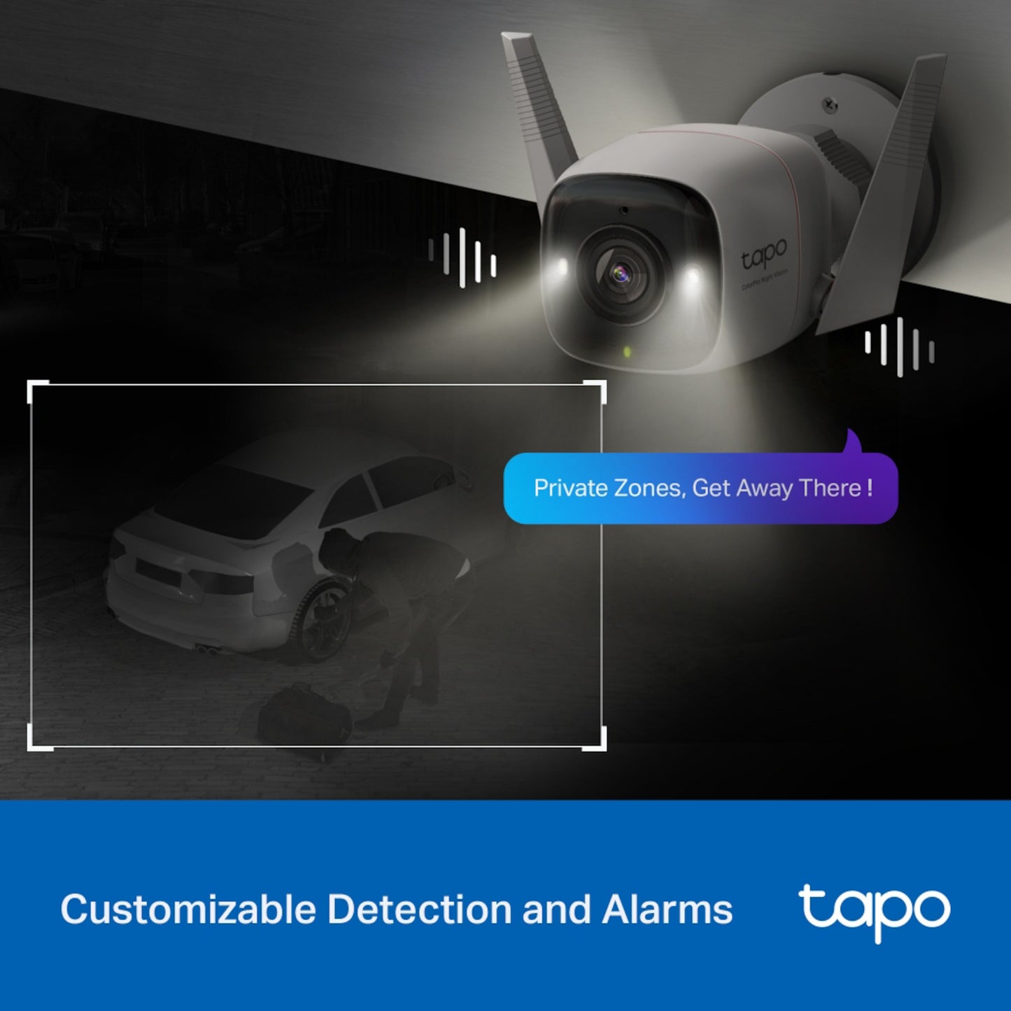 Tapo C325WB trådløst kamera 2K QHD ColorPro Night Vision, advarselsbanner Customizable Detection and Alarms, Tapo-logo.