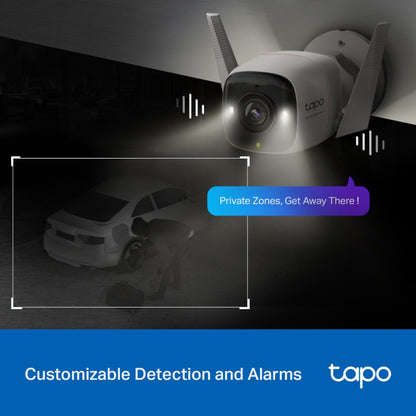 Tapo C325WB trådløst kamera 2K QHD ColorPro Night Vision, advarselsbanner Customizable Detection and Alarms, Tapo-logo.