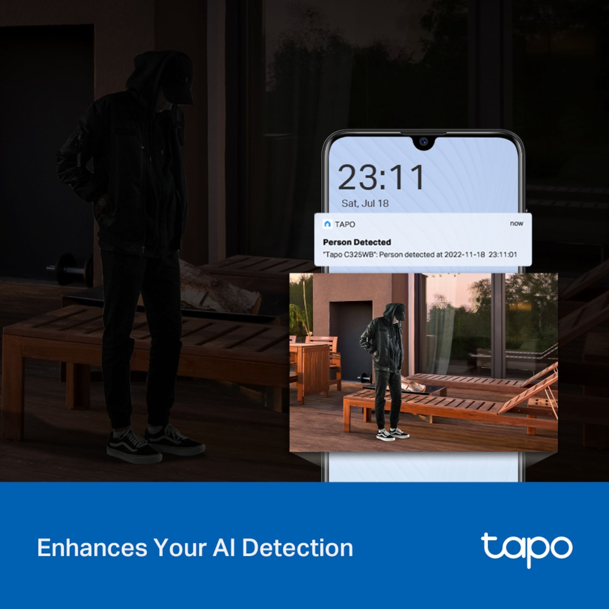 TP-Link Tapo C325WB trådløst overvågningskamera med ColorPro Night Vision, appalarm vist på mobil, TP-Link logo.
