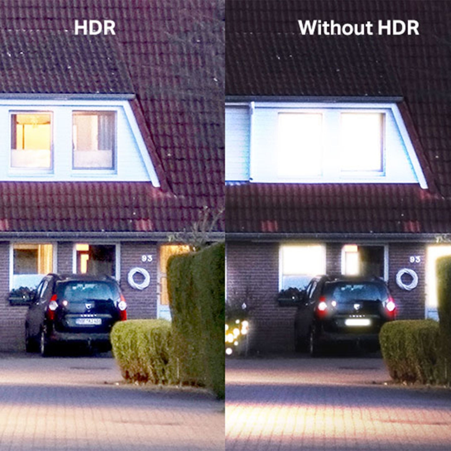 TP-Link Tapo C325WB trådløst overvågningskamera HDR vs uden HDR 2K QHD billedkvalitet udendørs husdetaljer.