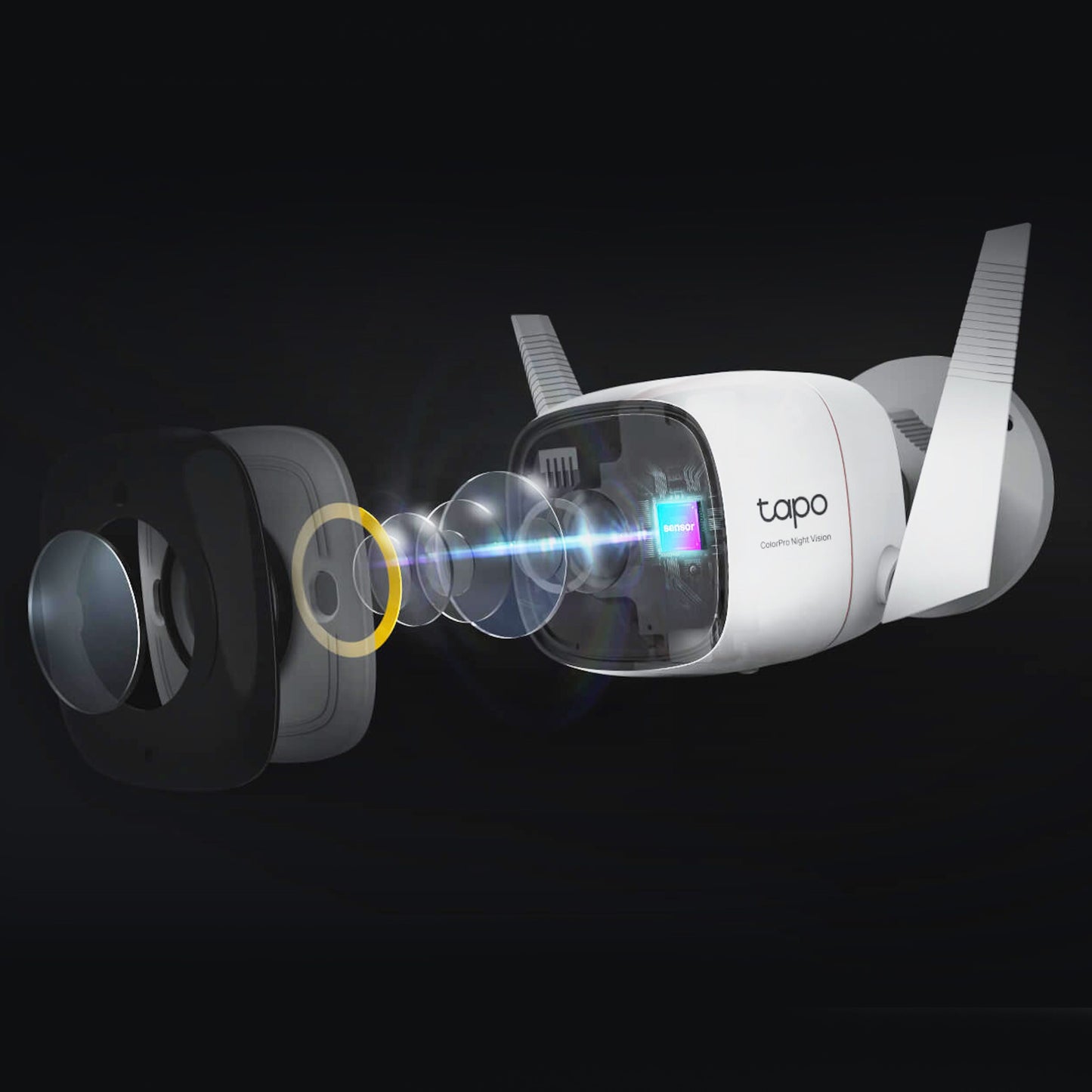 TP-Link Tapo C325WB trådløst overvågningskamera, eksploderet visning, 2K QHD, ColorPro Night Vision.