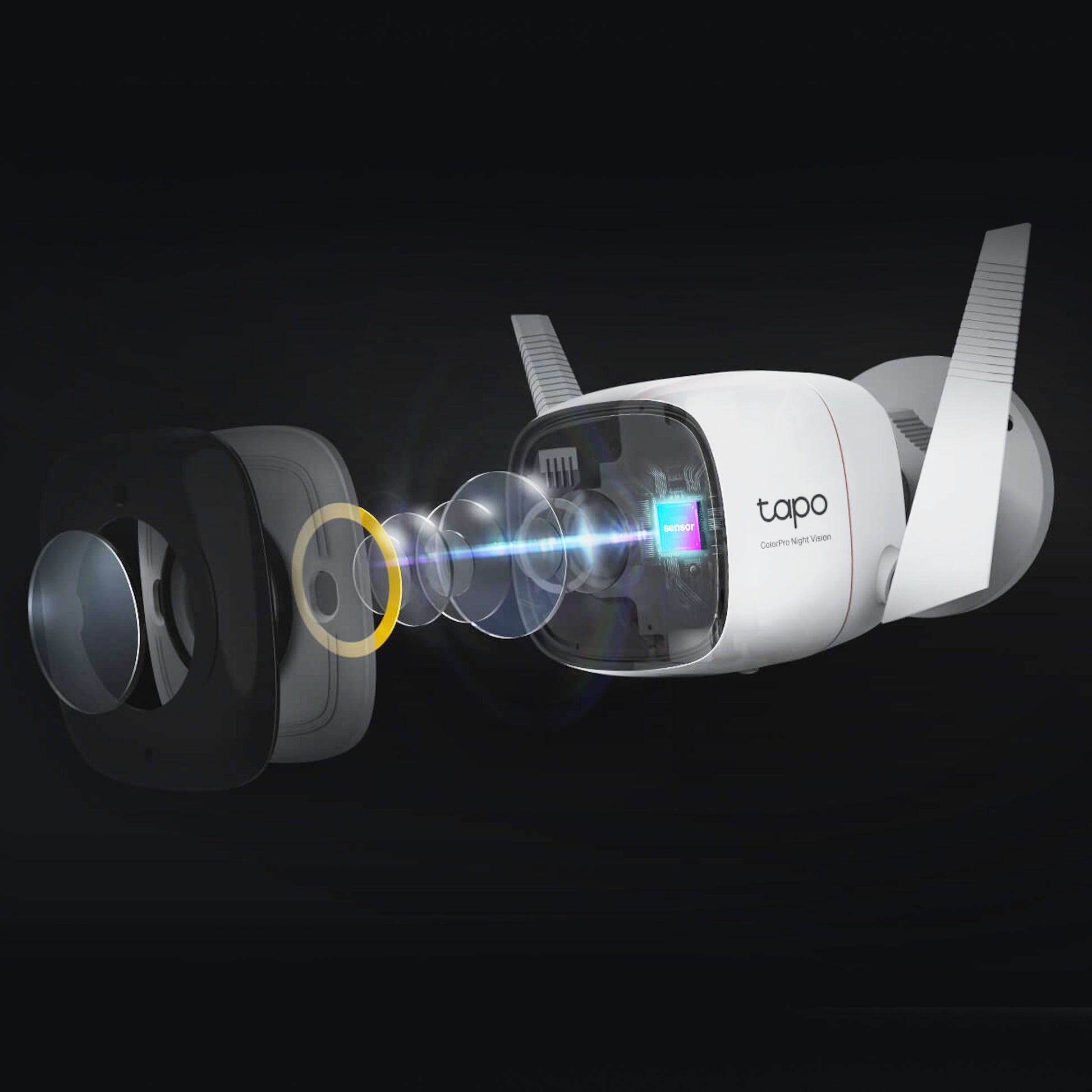 TP-Link Tapo C325WB trådløst overvågningskamera, eksploderet visning, 2K QHD, ColorPro Night Vision.