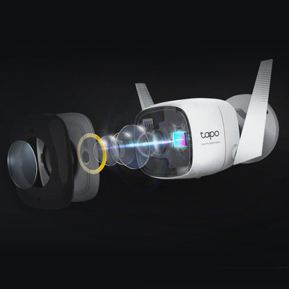 TP-Link Tapo C325WB trådløst overvågningskamera, eksploderet visning, 2K QHD, ColorPro Night Vision.