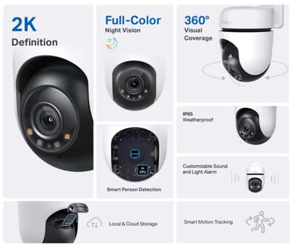 TP-Link Tapo C510W trådløst sikkerhedskamera 2K, fuldfarve nattesyn, 360° dækning, vejrbestandig, persondetektion.
