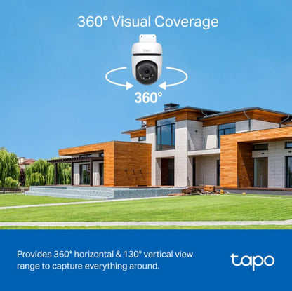 TP-Link Tapo C510W trådløst sikkerhedskamera, viser 360° vandret og 130° lodret synsfelt over hus.