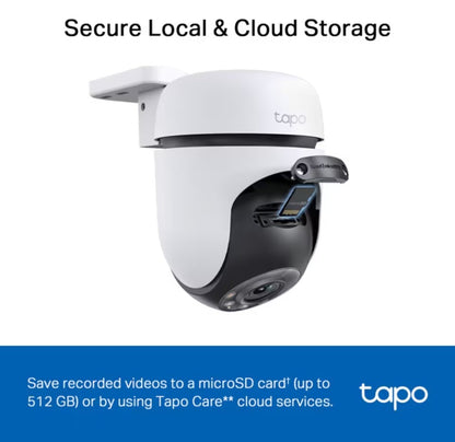 TP-Link Tapo C510W trådløst sikkerhedskamera med åben microSD-kortslot, tekst: Sikker lokal og cloud-lagring.