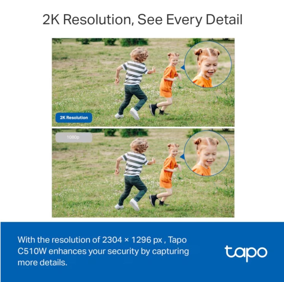 Tapo C510W trådløst sikkerhedskamera 2K vs 1080p billedkvalitet, forstørret detalje, Tapo logo og modelnavn.