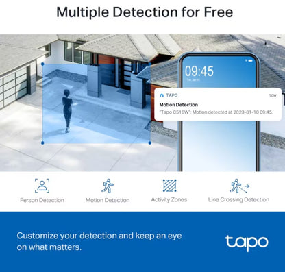 TP-Link Tapo C510W trådløst sikkerhedskamera aktiverer bevægelsesalarm på smartphone med synlig Tapo-logo.