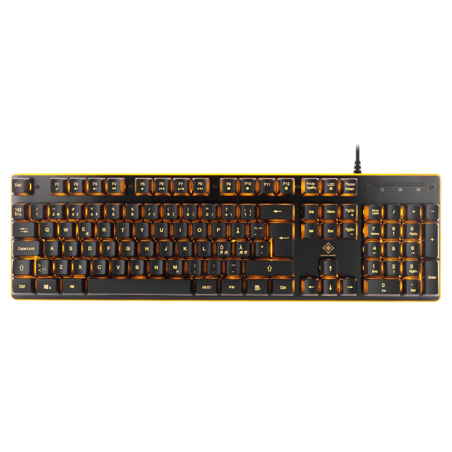 Deltaco DK210 gaming-tastatur sort med orange bagbelysning, QWERTY-layout, numerisk tastatur, medietaster og funktionsknapper.