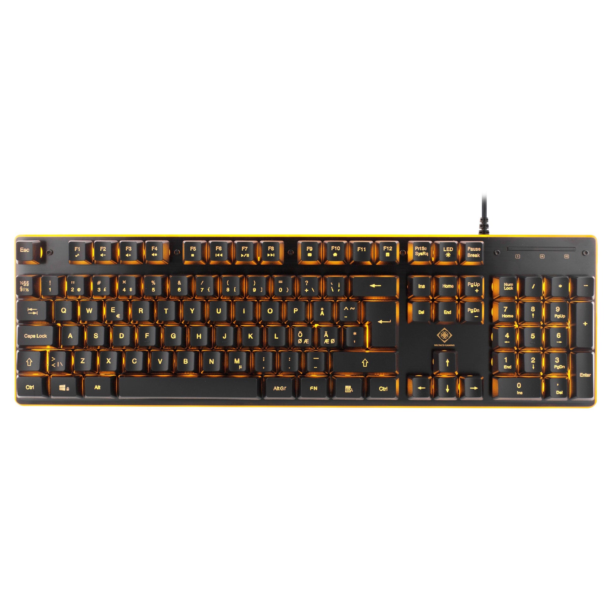 Deltaco DK210 gaming-tastatur sort med orange bagbelysning, QWERTY-layout, numerisk tastatur, medietaster og funktionsknapper.