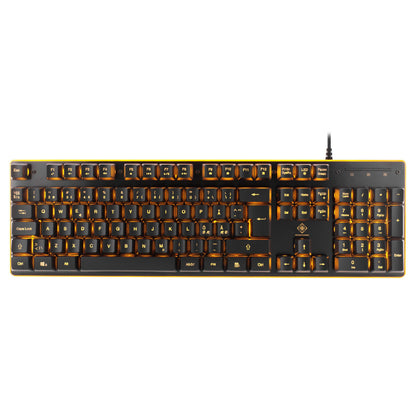 Deltaco DK210 gaming-tastatur sort med orange bagbelysning, QWERTY-layout, numerisk tastatur, medietaster og funktionsknapper.
