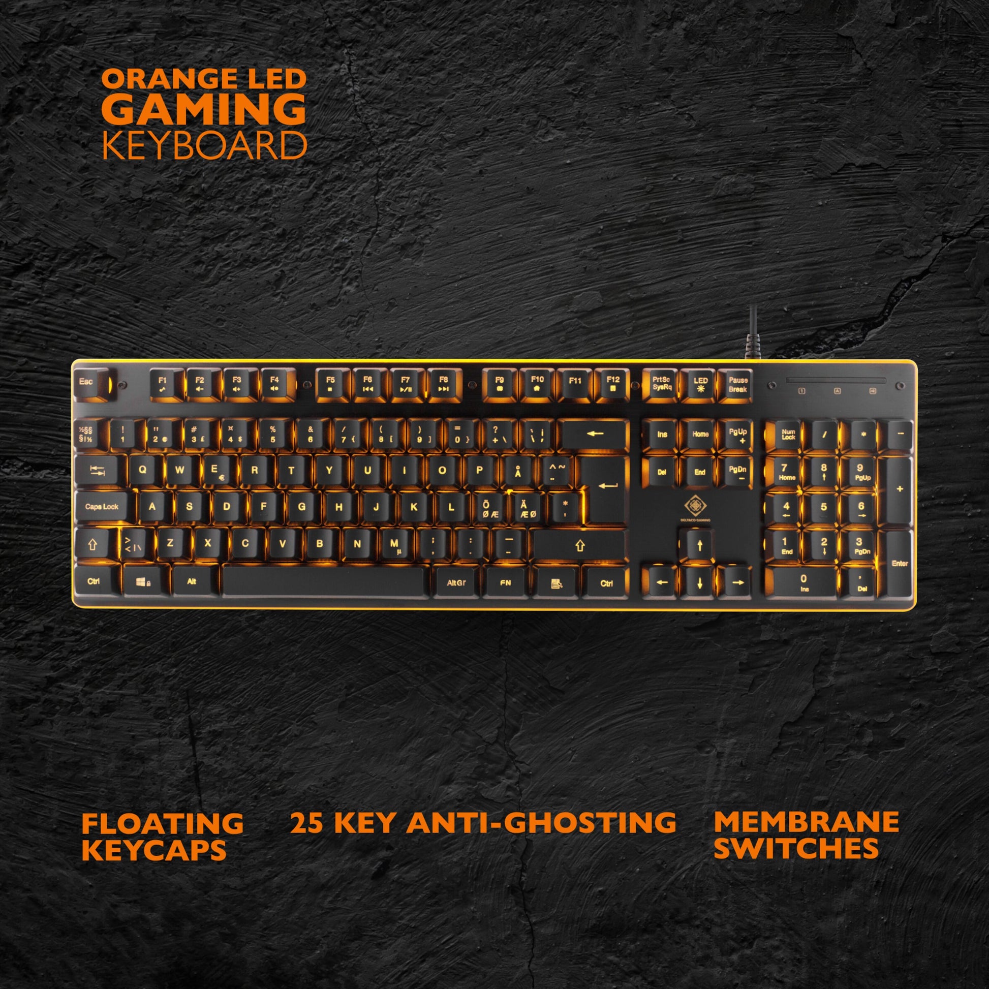 Deltaco DK210 gaming-tastatur sort med orange baggrundslys, flydende keycaps, 25-key anti-ghosting, membran, medietaster.