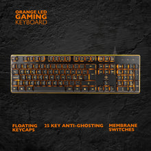 Deltaco DK210 gaming-tastatur sort med orange baggrundslys, flydende keycaps, 25-key anti-ghosting, membran, medietaster.