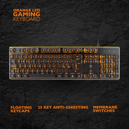 Deltaco DK210 gaming-tastatur sort med orange baggrundslys, flydende keycaps, 25-key anti-ghosting, membran, medietaster.