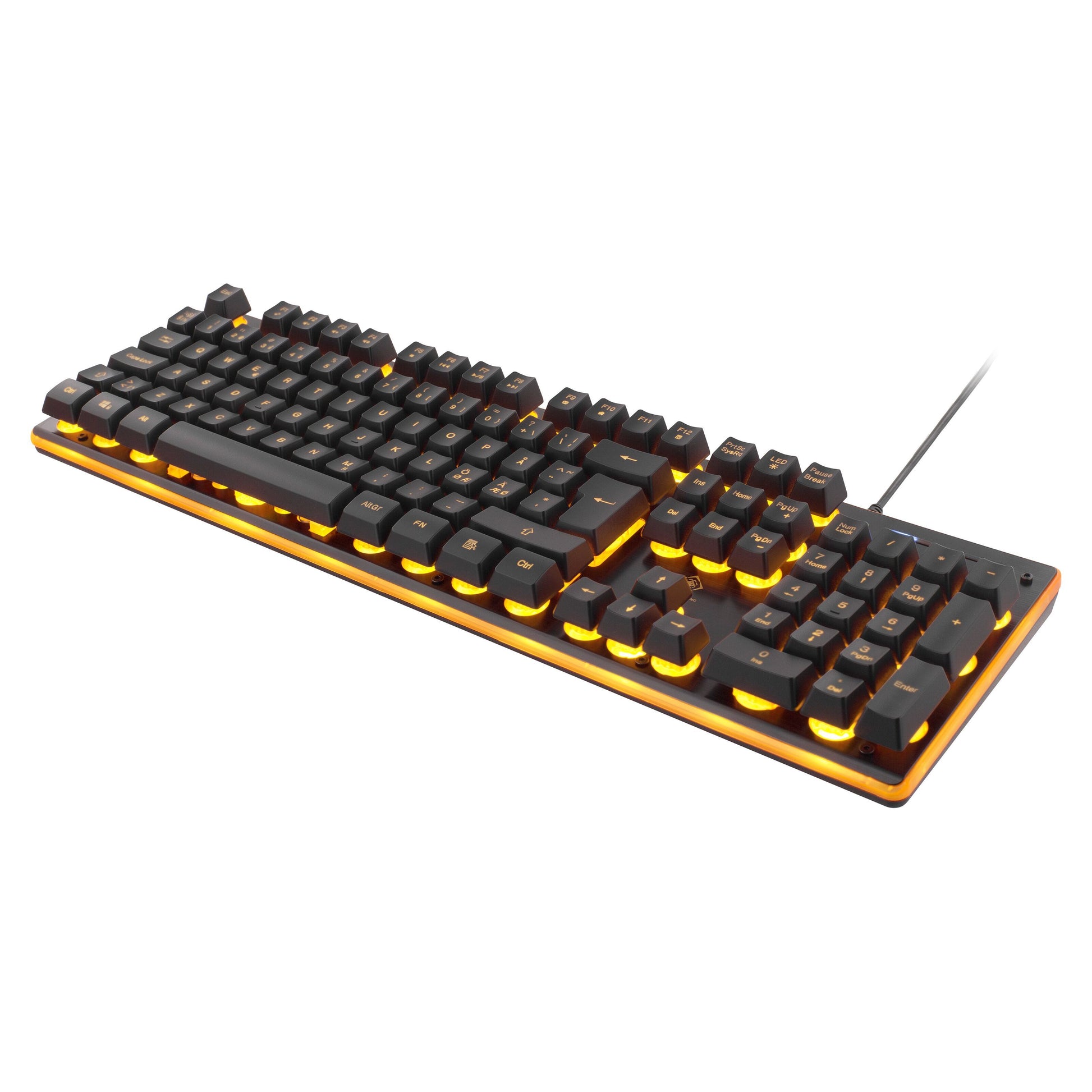 Deltaco DK210 gaming tastatur, sort, fuld størrelse, orange baggrundsbelysning under taster og base, dedikerede medietaster.