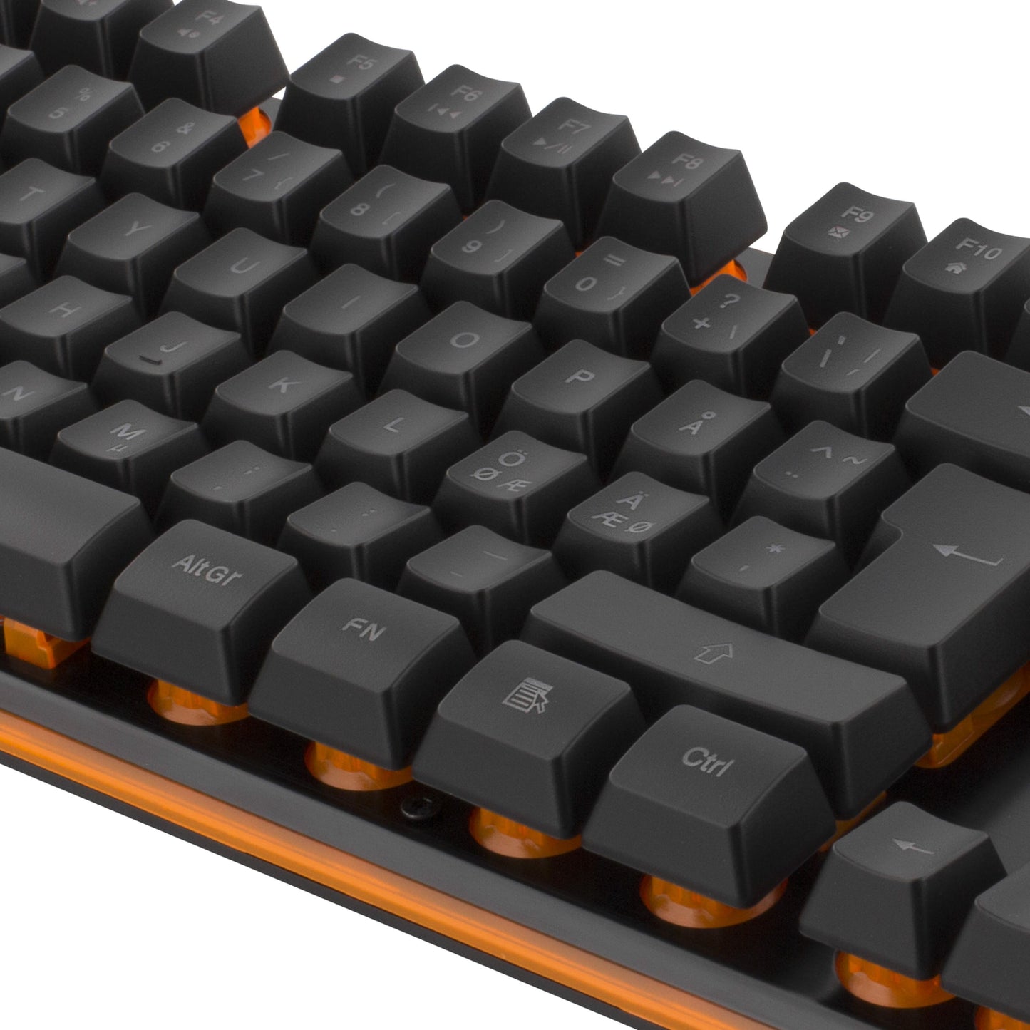 Deltaco DK210 gaming-tastatur med orange baggrundsbelysning og sorte taster med engelske og specialtegn.