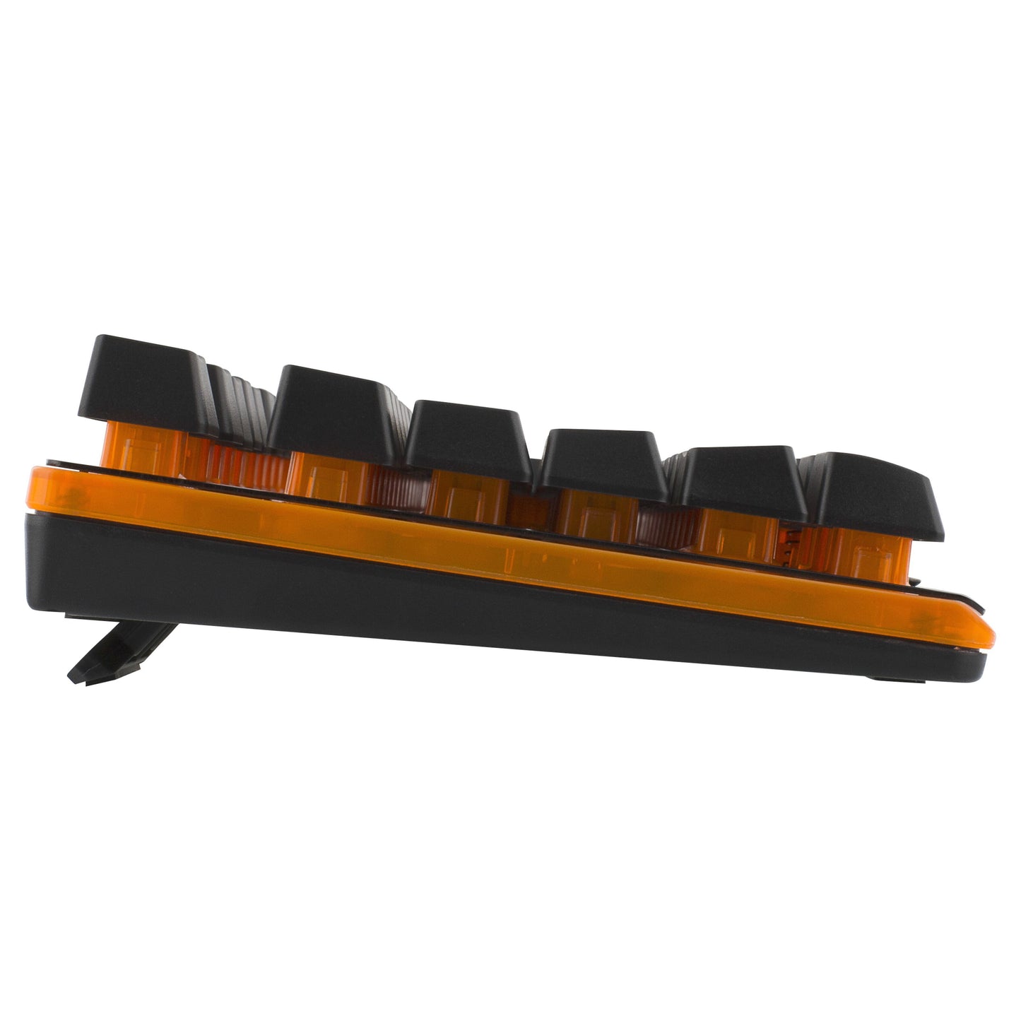 Deltaco DK210 gaming-tastatur sort, kompakt med orange baggrundsbelysning, hævede taster, dedikerede mediaknapper, sideview.