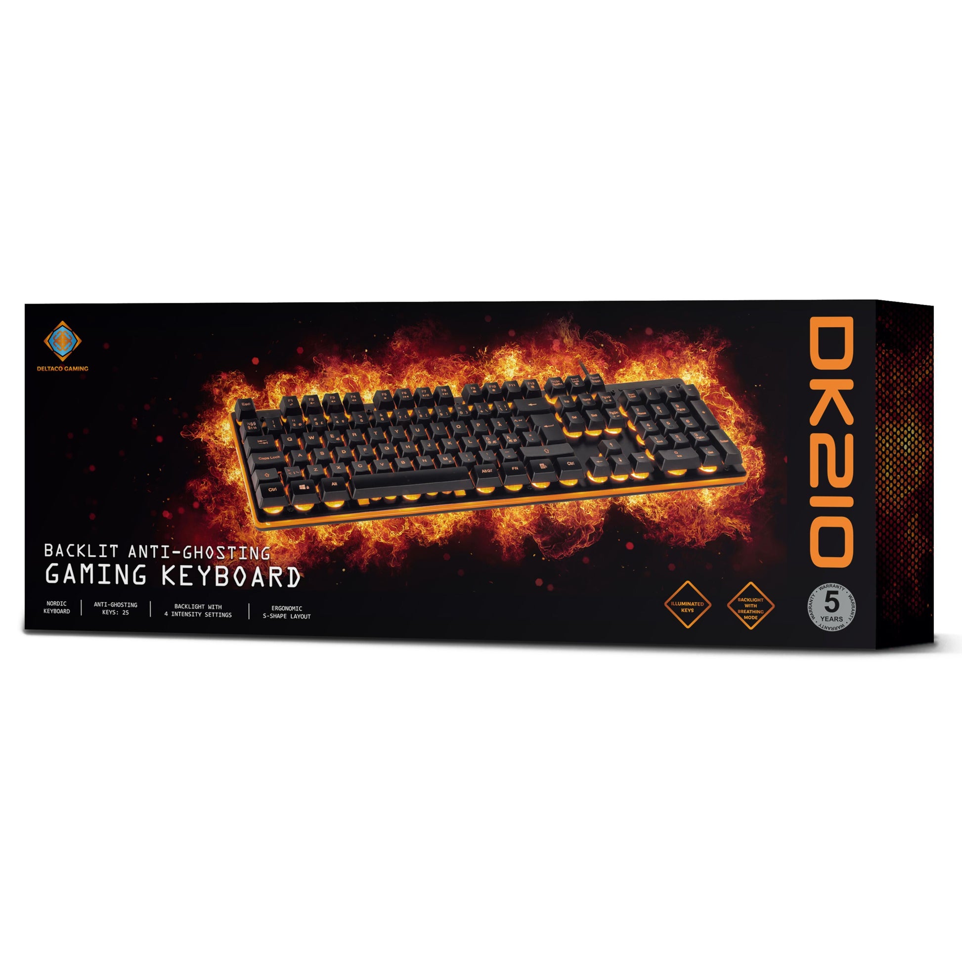 Deltaco DK210 Gaming-tastatur boks med orange bagbelysning, medietaster, orange tekst og fem års garanti-logo.