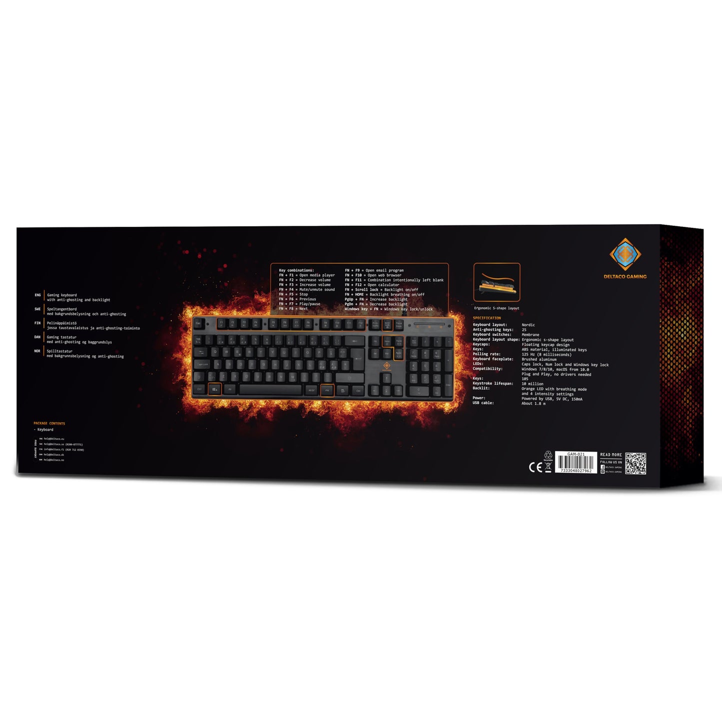 Deltaco DK210 Gaming-tastatur æske med orange taskebelysning, funktionsliste, specifikationer, logo og dedikeret medietaster.