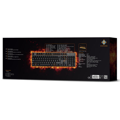 Deltaco DK210 Gaming-tastatur æske med orange taskebelysning, funktionsliste, specifikationer, logo og dedikeret medietaster.