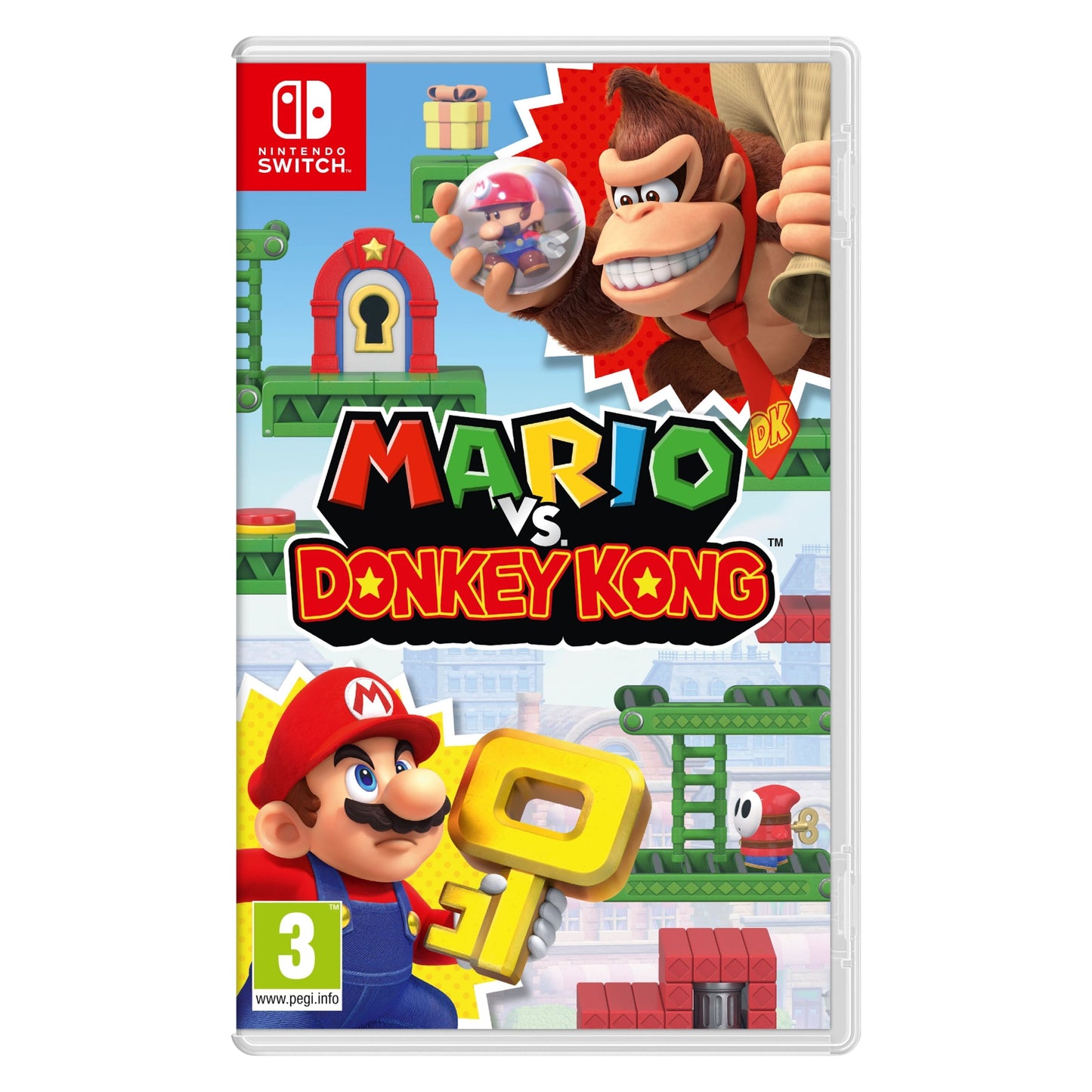 Nintendo Switch Mario vs. Donkey Kong spilcover med Mario med gylden nøgle og Donkey Kong der holder en lille Mario-figur.