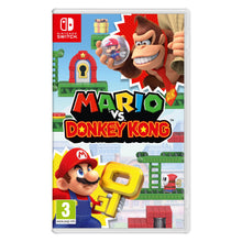 Nintendo Switch Mario vs. Donkey Kong spilcover med Mario med gylden nøgle og Donkey Kong der holder en lille Mario-figur.