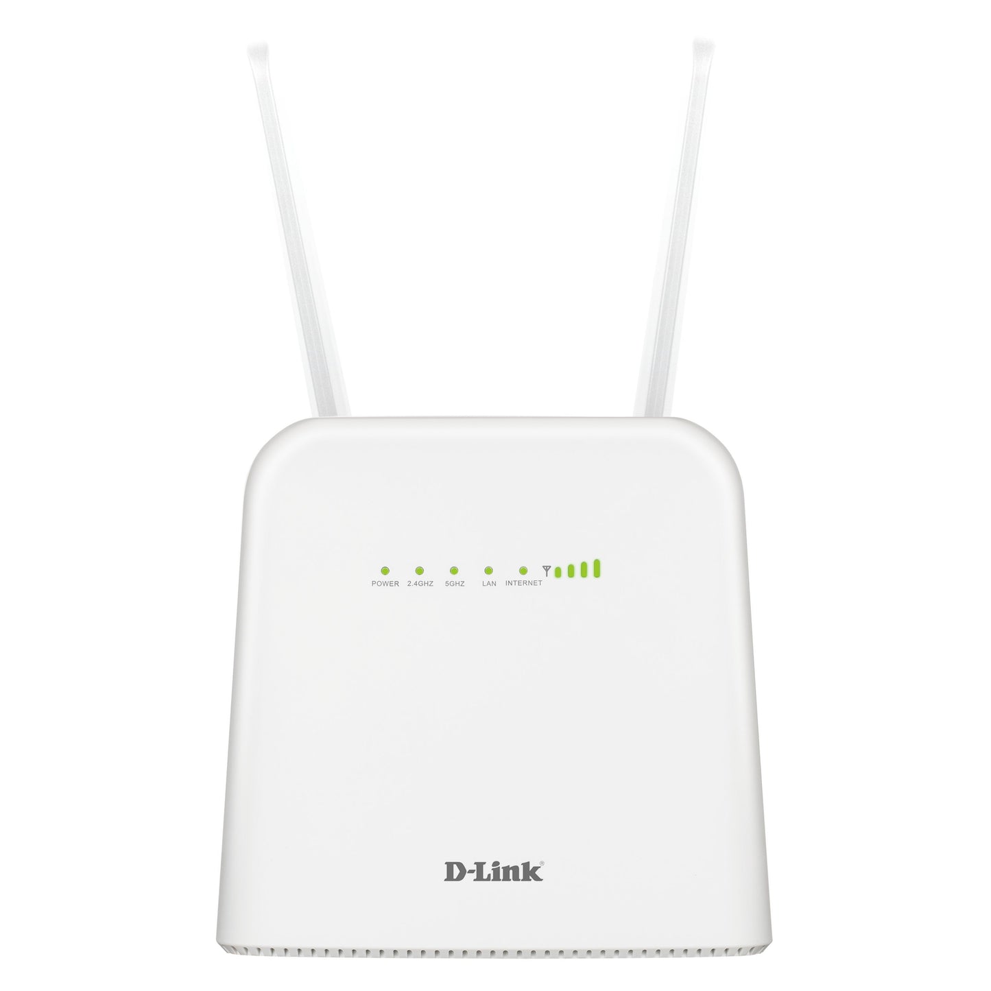 D-Link DWR-960/W 4G+ AC1200 router i hvid med to antenner og fem LED-indikatorer på fronten.