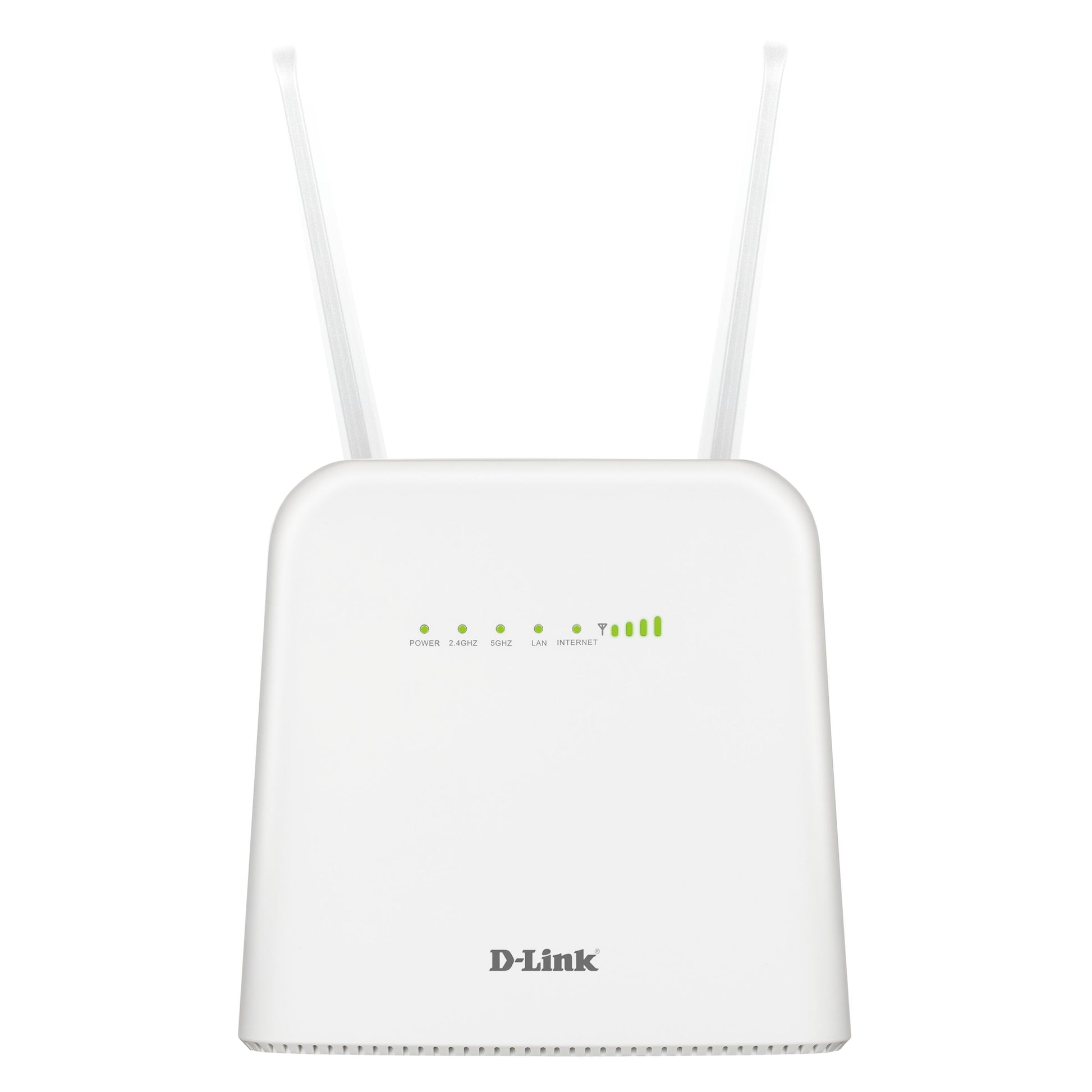 D-Link DWR-960/W 4G+ AC1200 router i hvid med to antenner og fem LED-indikatorer på fronten.