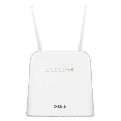 D-Link DWR-960/W 4G+ AC1200 router i hvid med to antenner og fem LED-indikatorer på fronten.