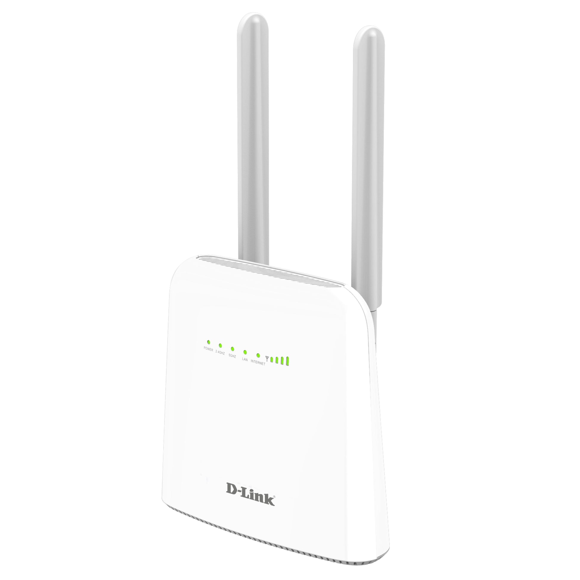 Dlink DWR-960/W 4G+ router AC1200 hvid med to antenner, fire grønne LED og Dlink-logo foran.