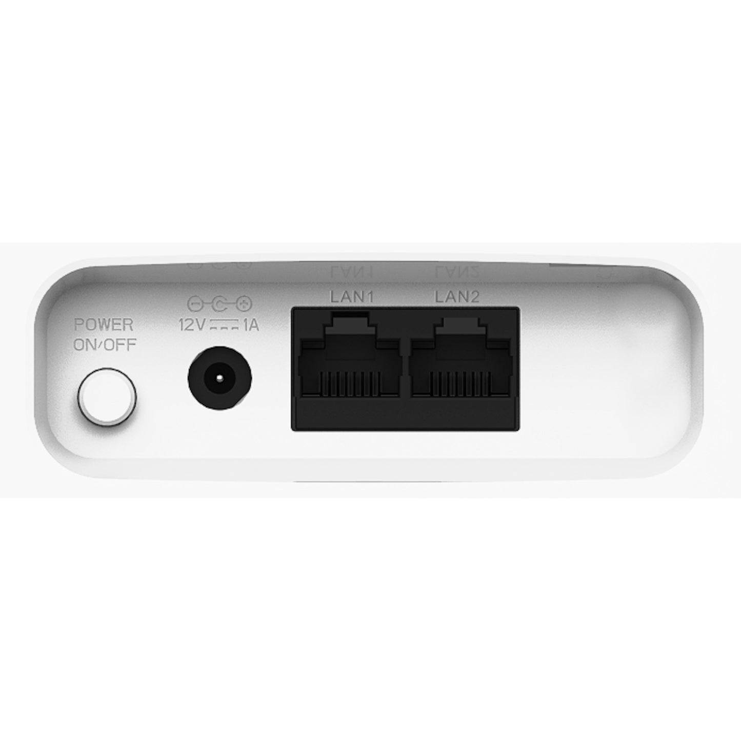 D-Link DWR-960/W 4G+ router AC1200 bagpanel med power-knap, 12V DC indgang og to Ethernet LAN-porte.