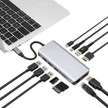 Plexgear USB-C Multiadapter 100W passthrough 12 porte tilsluttet laptop med HDMI, Ethernet, USB og hukommelseskort.