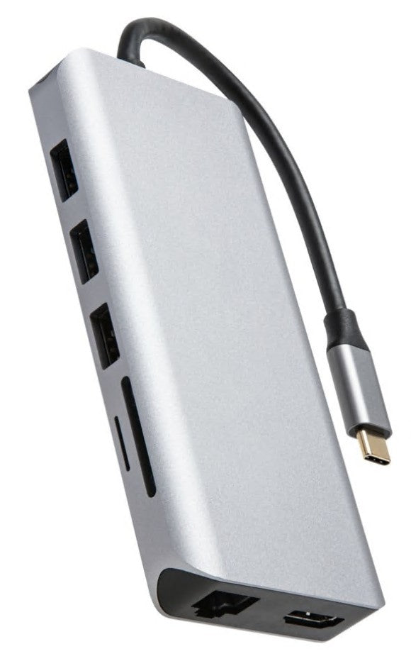 USB-C multiadapter med 12 porte inkl. 4K HDMI, USB-A, Ethernet, SD-kort, sølvfarvet med sort kabel og 100 W passthrough.
