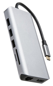 USB-C multiadapter med 12 porte inkl. 4K HDMI, USB-A, Ethernet, SD-kort, sølvfarvet med sort kabel og 100 W passthrough.
