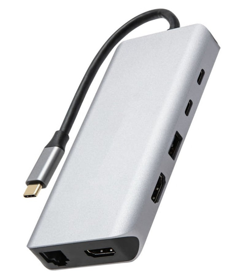 USB-C multiadapter med 12 porte inkl. 4K HDMI, Ethernet, USB-A, USB-C og kort sort kabel, sølvfarvet, understøtter 100W strøm.