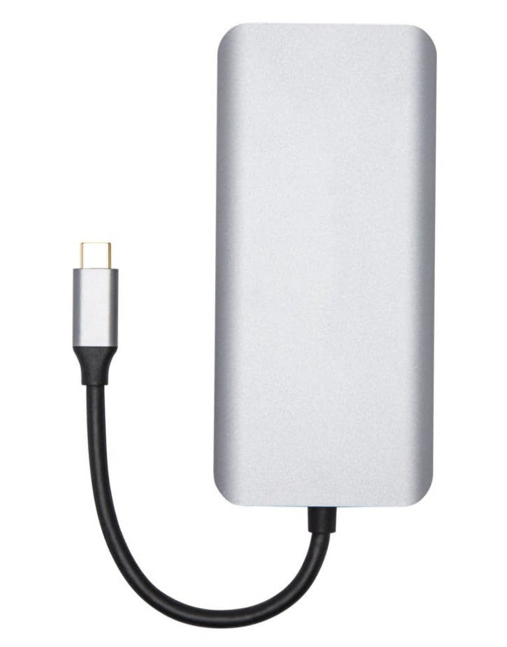 USB-C Multiadapter 12 porte, 100W passthrough, sølv, kort sort kabel med USB-C stik, understøtter 4K HDMI.