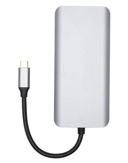 USB-C Multiadapter 12 porte, 100W passthrough, sølv, kort sort kabel med USB-C stik, understøtter 4K HDMI.